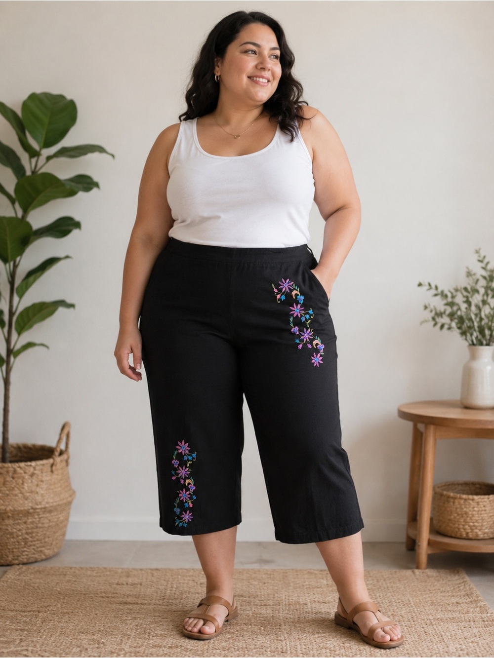 100%linen Mercer & Madison Black Cropped Pants,Multicolor Floral Embroidery